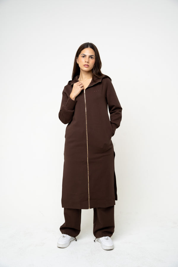 Cotton Brown Hooded Abaya (Zipped) - Athleisure