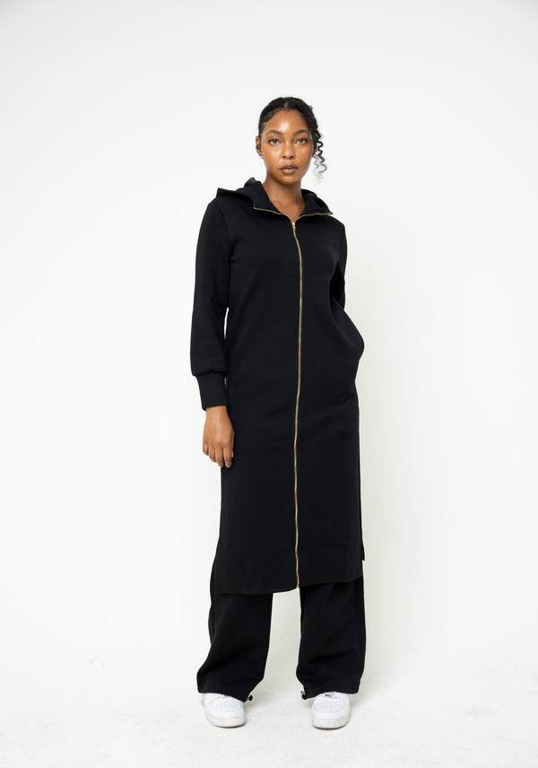 Cotton Black Hooded Abaya (Zipped) - Athleisure