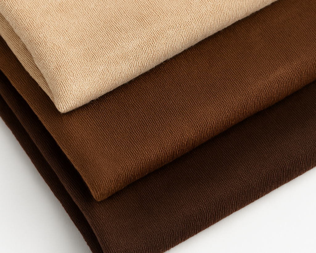 Two pieces of fabric, one beige and one brown, on a white background.