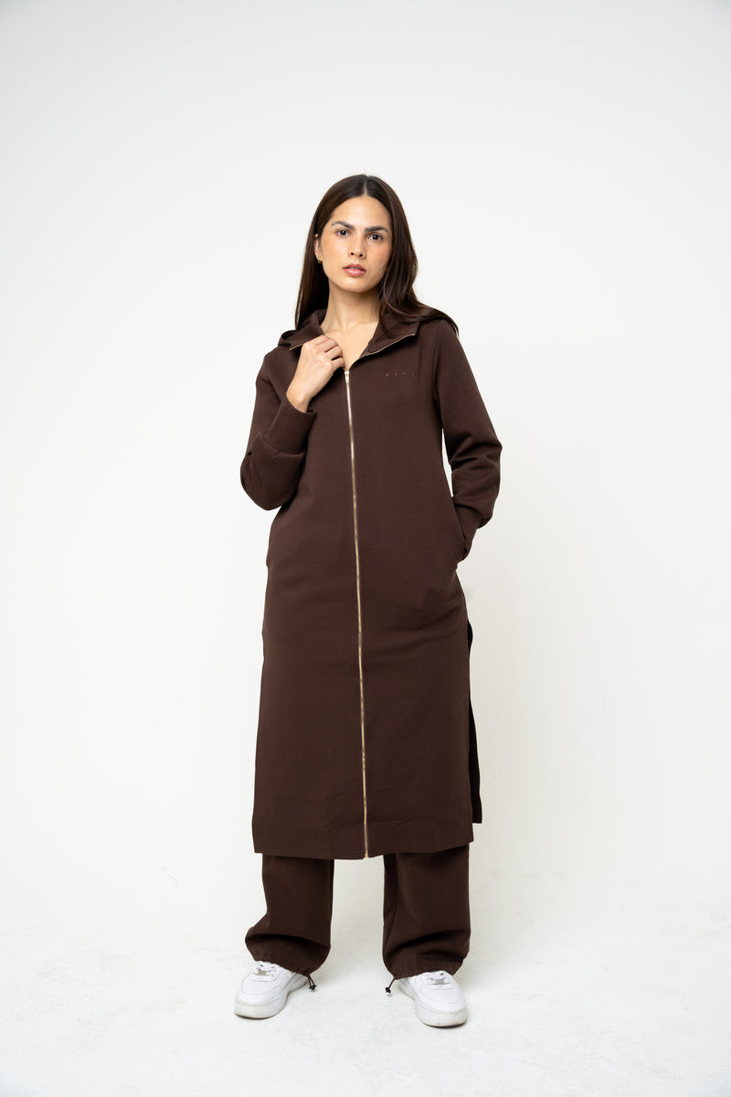 Cotton Brown Hooded Abaya (Zipped) - Athleisure