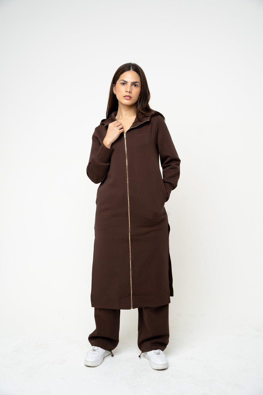 Cotton Brown Hooded Abaya (Zipped) - Athleisure