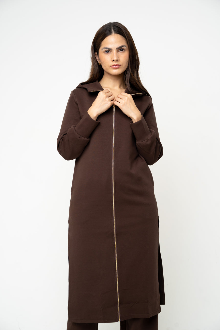 Cotton Brown Hooded Abaya (Zipped) - Athleisure