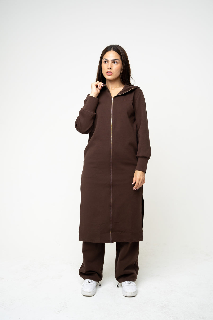 Cotton Brown Hooded Abaya (Zipped) - Athleisure