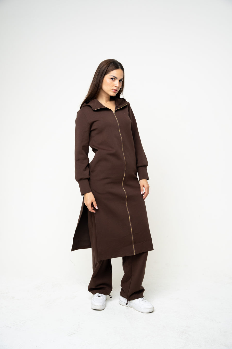 Cotton Brown Hooded Abaya (Zipped) - Athleisure