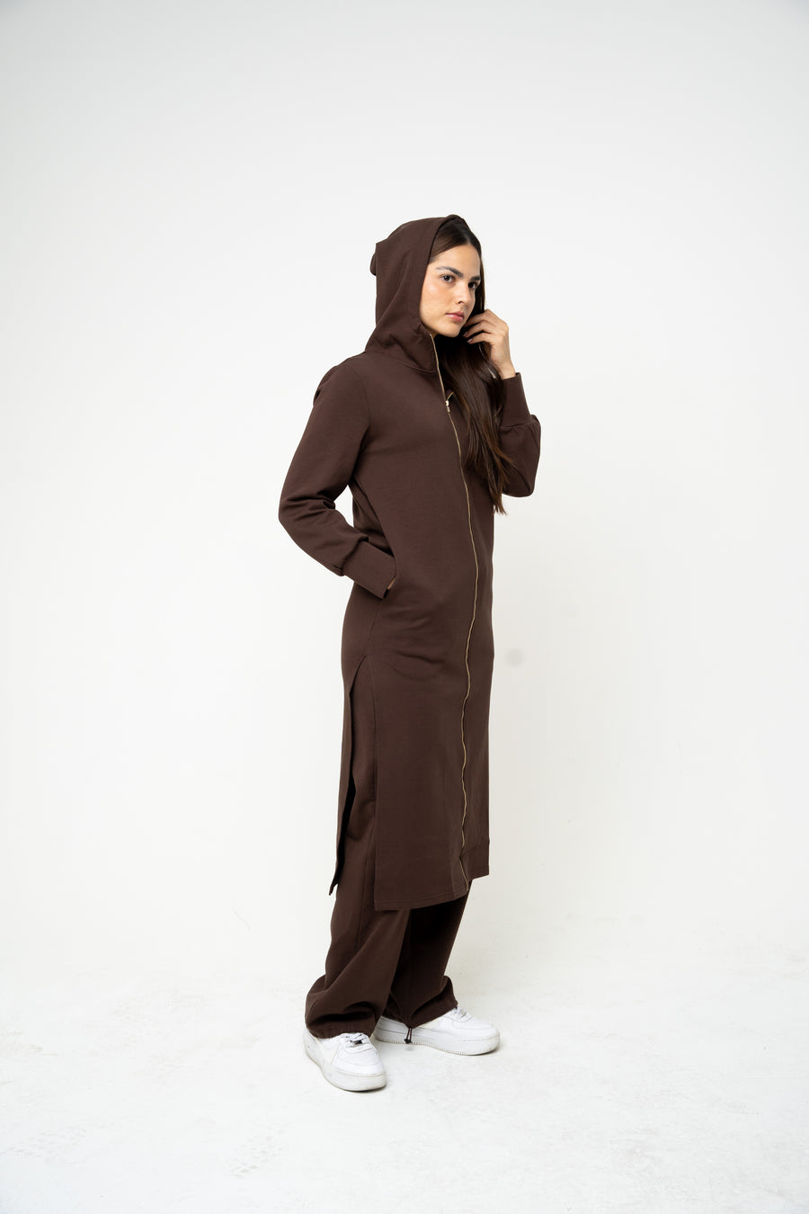 Cotton Brown Hooded Abaya (Zipped) - Athleisure