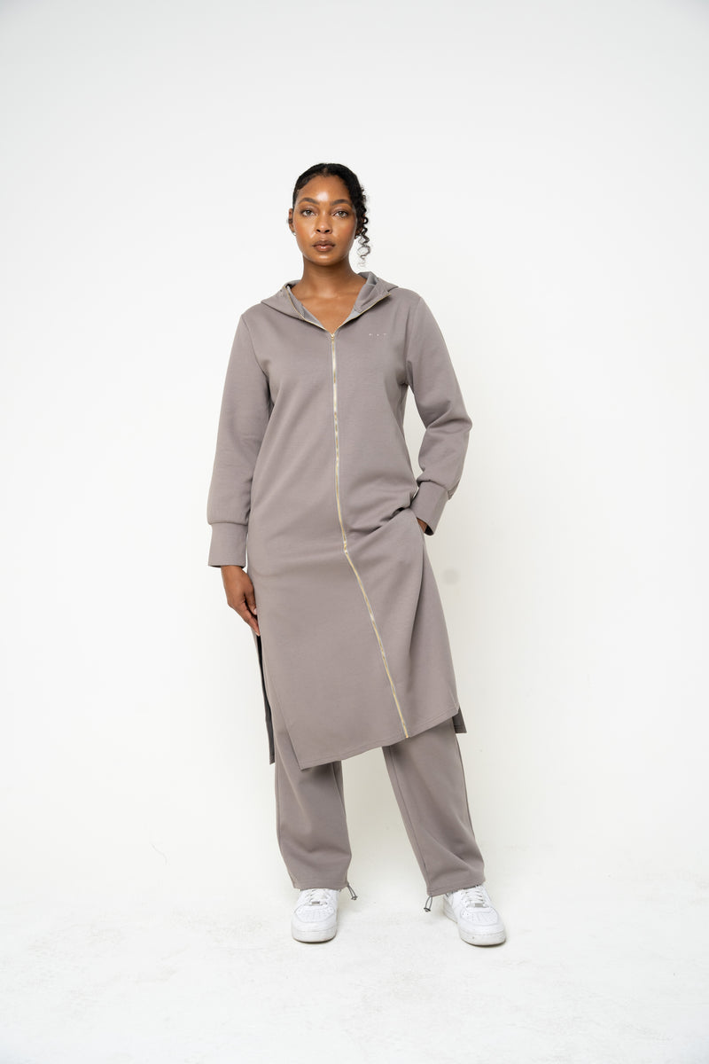 Cotton Grey Hooded Abaya (Zipped) - Athleisure