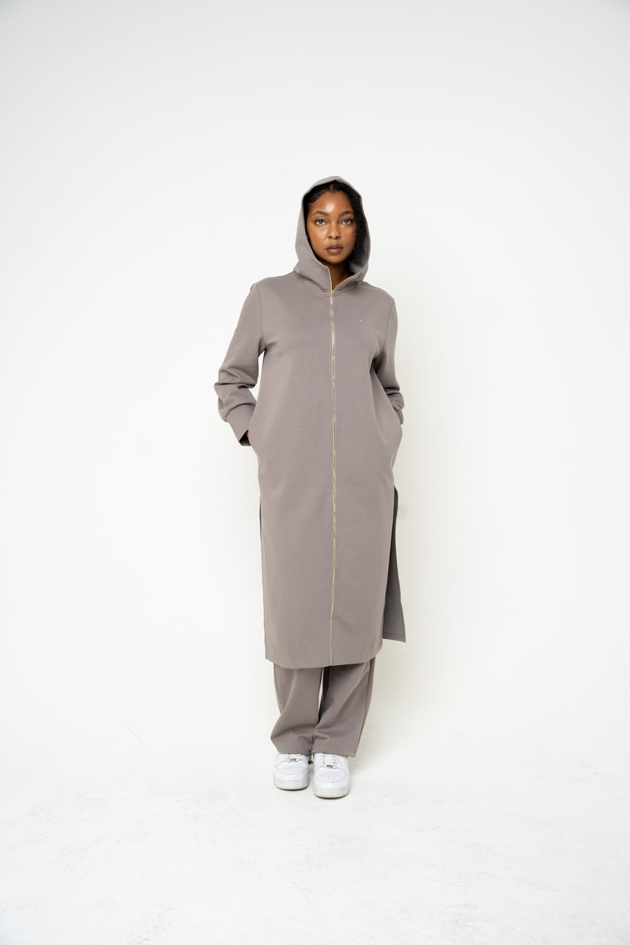 Cotton Grey Hooded Abaya (Zipped) - Athleisure