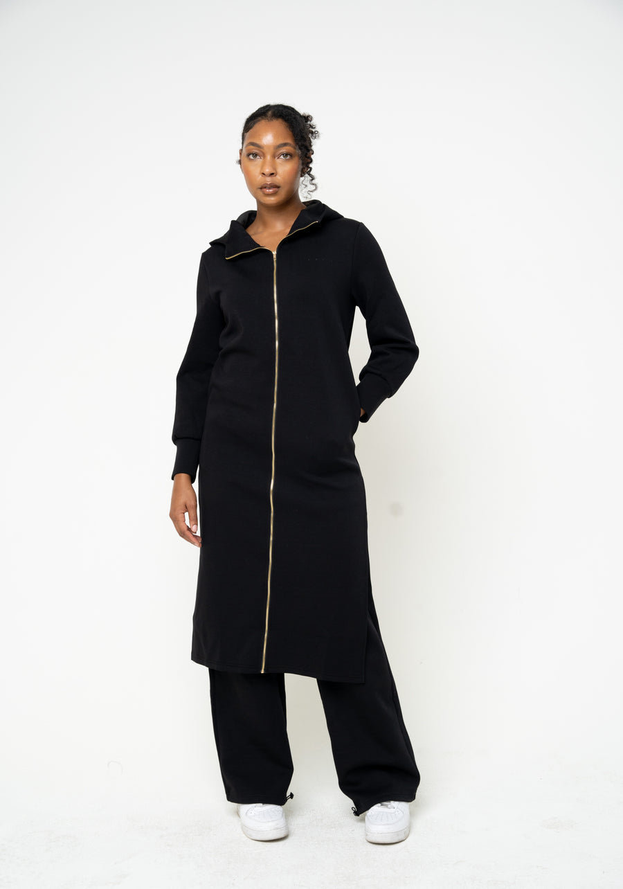 Cotton Black Hooded Abaya (Zipped) - Athleisure