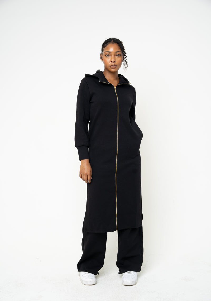 Cotton Black Hooded Abaya (Zipped) - Athleisure